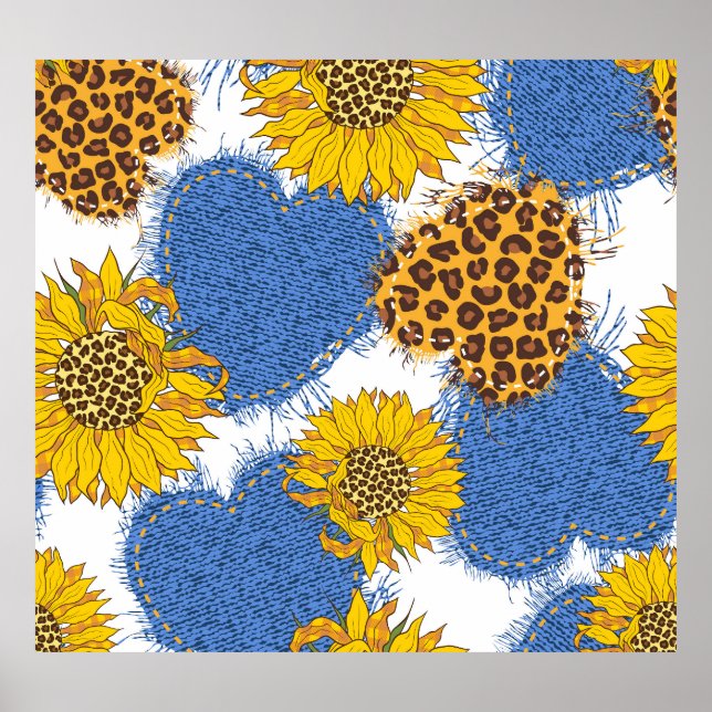 Denim Hearts Leopard Sunblommor Mönster Poster (Framsidan)
