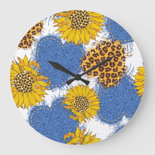 Denim Hearts Leopard Sunblommor Mönster Stor Klocka (Framsida)