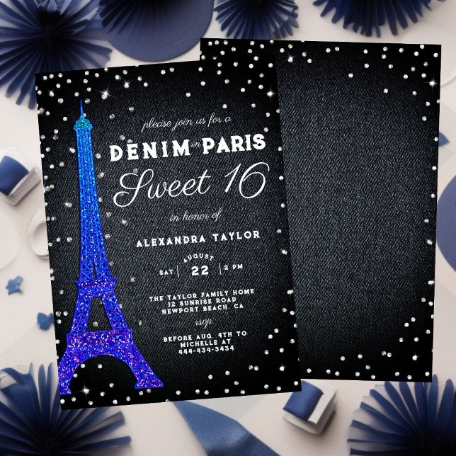 Denim i Paris Glitter Minimalist Rustic Sweet 16 Inbjudningar (Skapare uppladdad)