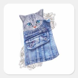 Denim Jean poies, Kittens och Snöre Fyrkantigt Klistermärke