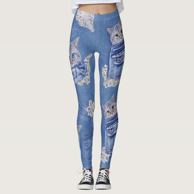 Denim Jean poies, Kittens och Snöre Leggings (Framsida)