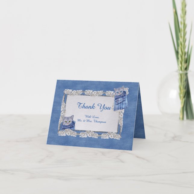 Denim Jean poies, Kittens och Snöre Tack Kort (Framsida)