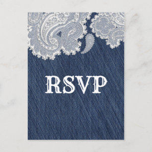 Denim Jean & Vit Spets Elegant Bröllopsanmälan Inbjudan Vykort