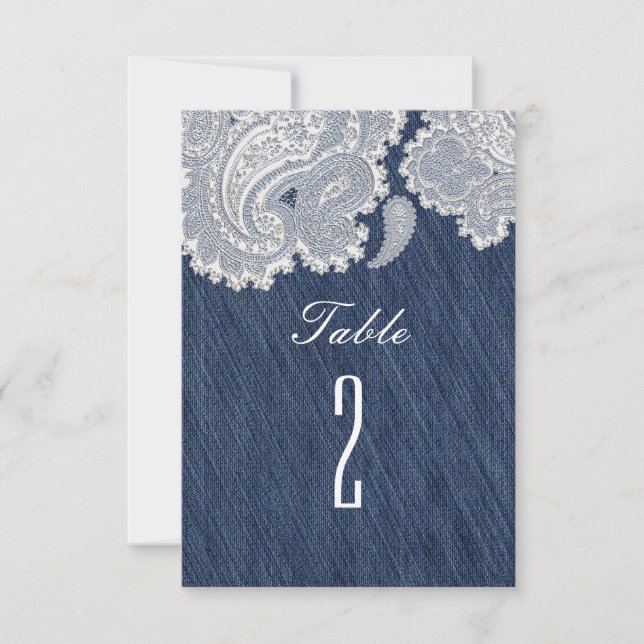Denim Jean & White Lace Bröllops Bordnummer Inbjudningar (Framsida)