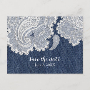 Denim Jean & White Lace Elegant Bröllop Meddelande Vykort