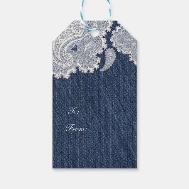 Denim Jean & White Snöre Elegant Möhippa Bröllop Presentetikett (Framsidan)