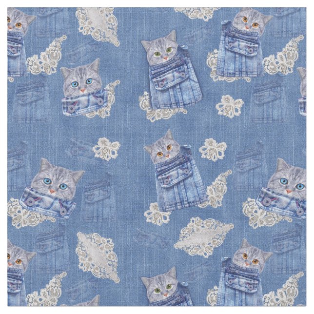 Denim Jeans med Kittens och Snöre Repeats Tyg (Närbild)