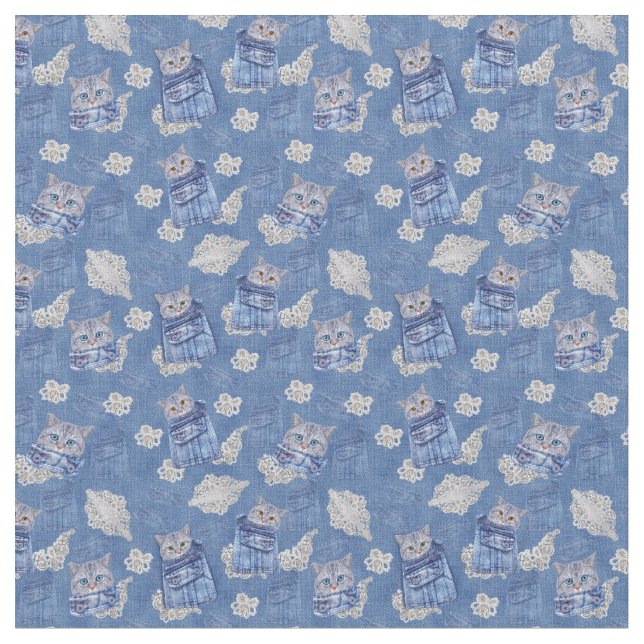 Denim Jeans med Kittens och Snöre Repeats Tyg (Närbild)