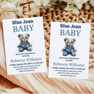 Denim Lapptäcke Björn Pojke Blå Jean Babyfirande Inbjudningar
