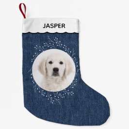 Denim Look Vinterkrans Husdjur Hund Foto Liten Julstrumpa