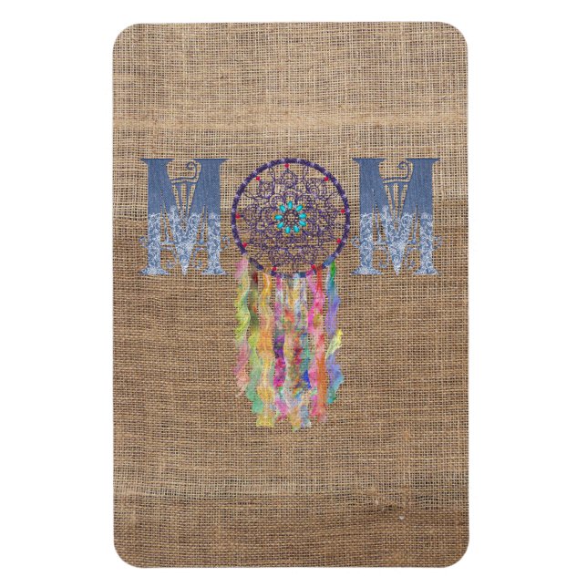 Denim Mamma med Snöre Dreamcatcher på Faux Burlap Magnet (Vertikal)