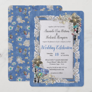 Denim med krämfärgad blomster spets och oäkta smyc inbjudningar
