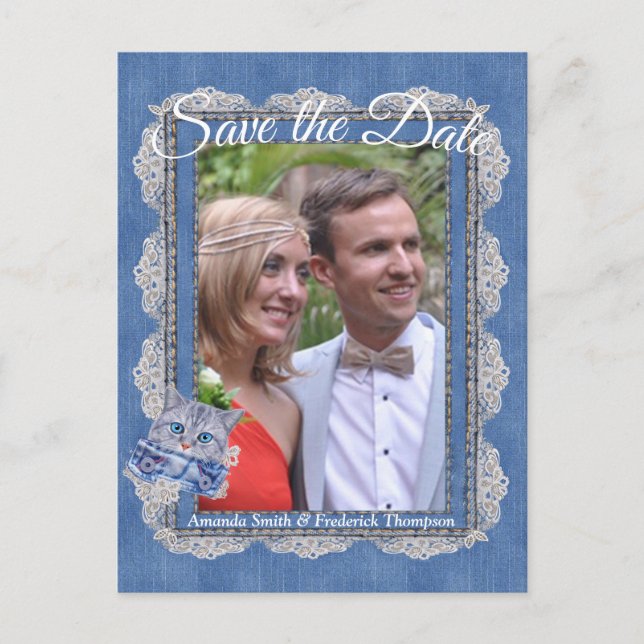 Denim med krämfärgade blommor i spets och en kattu meddelande vykort (Framsida)