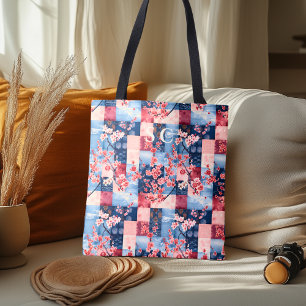 Denim och blommig lapptäcke med körsbärsblossom tygkasse