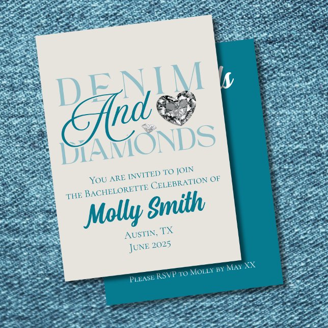 Denim och diamanter - Western Bachelorette Inbjudningar (Denim and Diamonds invite with modern serif font – perfect for bachelorette or bridal celebrations!)