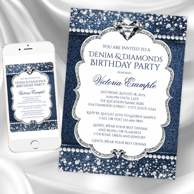 Denim och Diamond Bling Födelsedagsfestinbjudninga Inbjudningar (Denim diamond birthday party and event invitation. Instant download & printed invitations available)