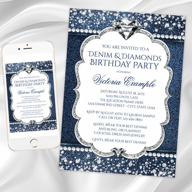 Denim och Diamond Bling Födelsedagsfestinbjudninga Inbjudningar (Denim diamond birthday invitation. Instant download and printed invitations available.)