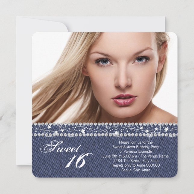 Denim och Diamond Sweet sixteen Party Inbjudningar (Framsida)