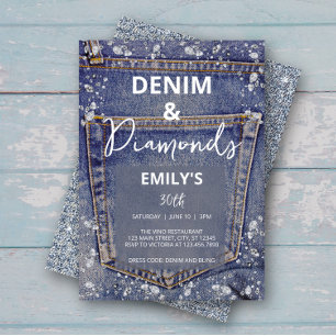 Denim och Diamonds Bling Jean Glam Födelsedagsfest Inbjudningar