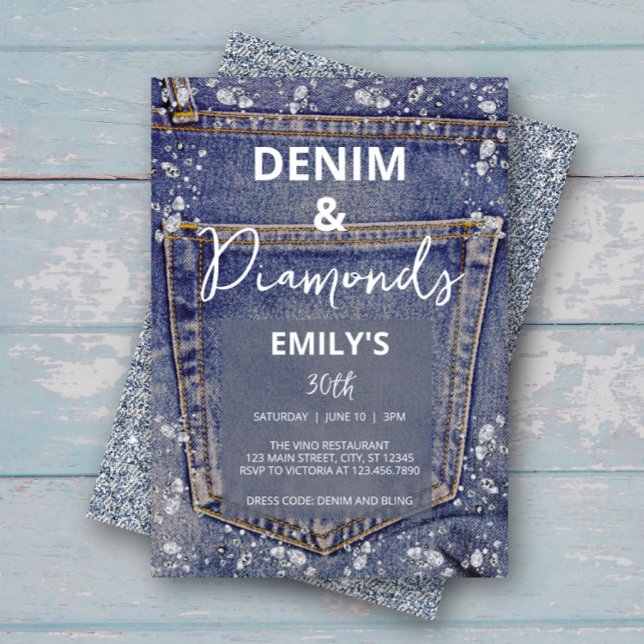 Denim och Diamonds Bling Jean Glam Födelsedagsfest Inbjudningar (Skapare uppladdad)
