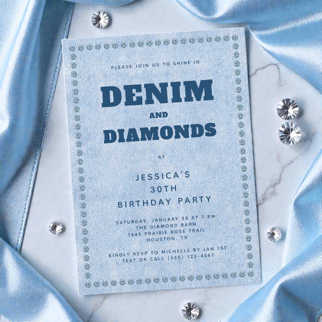 Denim och Diamonds Blue Jeans 30års födelsedag Par Inbjudningar (Denim and Diamonds Blue Jeans 30th Birthday Party Invitation)