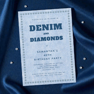 Denim och Diamonds Blue Jeans 40:e födelsedagen Pa Inbjudningar