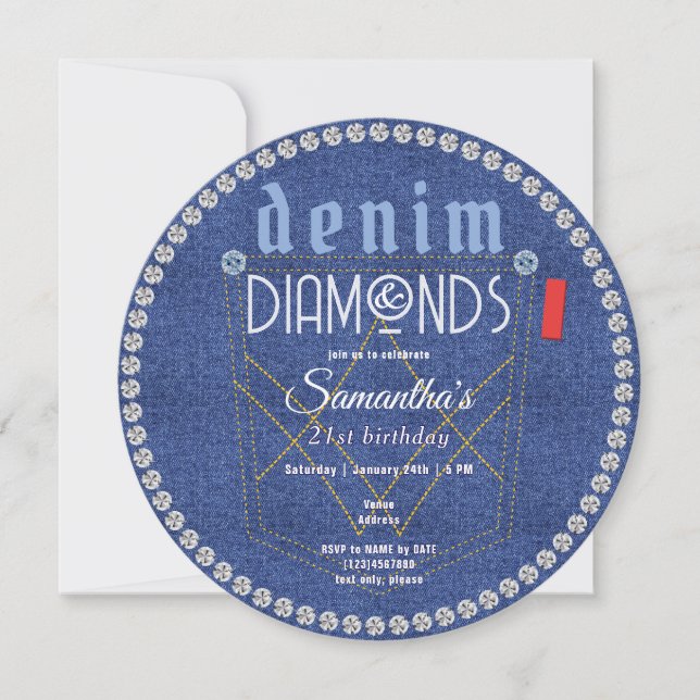 Denim och Diamonds Blue Jeans Bling Födelsedagsfes Inbjudningar (Framsida)