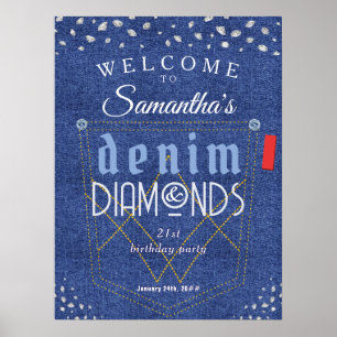 Denim och Diamonds Blue Jeans Bling Födelsedagsfes Poster