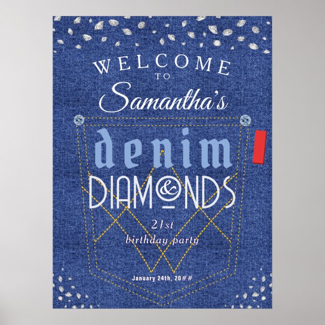 Denim och Diamonds Blue Jeans Bling Födelsedagsfes Poster (Framsidan)
