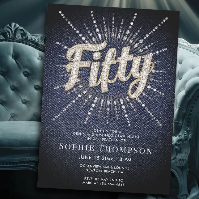 Denim och Diamonds Fabulous Glam 50:e födelsedagen Inbjudningar (denim diamonds 50th birthday women fabulous invitation)