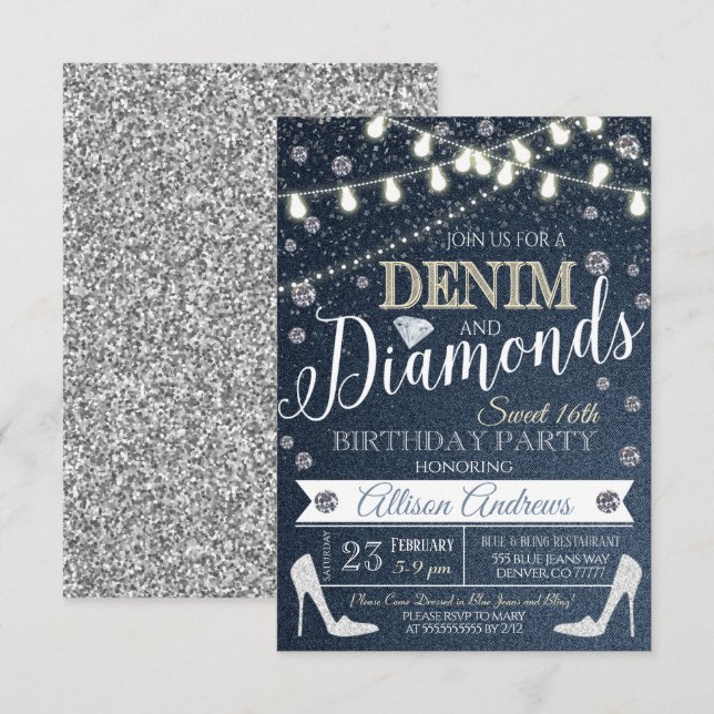 Denim och Diamonds Födelsedagsfest inbjudan (Fram/baksida)