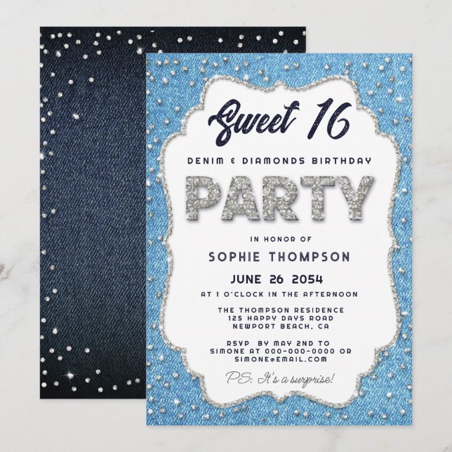Denim och Diamonds Glitter Ram Sweet 16 Party Inbjudningar (Fram/baksida)