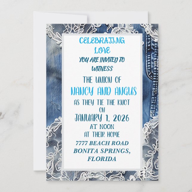 denim och gammalt spets bröllopsinbjudan inbjudningar (Framsida)