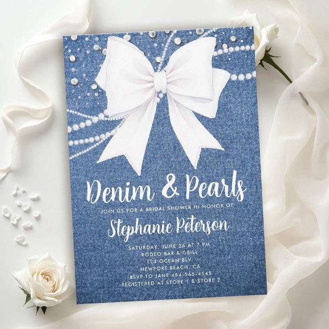 Denim och pärlor vit slinga blå chic bröllopsdusch inbjudningar (denim and pearls bridal shower invitations template blue white bow western country rustic diamonds)