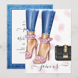 Denim och rosa blommig möhippa inbjudningar