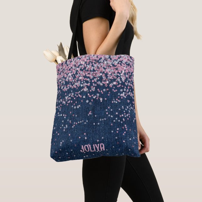 Denim och Rosa Glitter Mönster Tygkasse (Närbild)