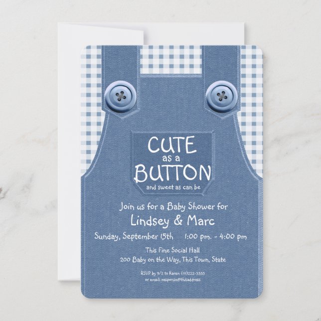 Denim Overalls Cute som Button Blue Inbjudningar (Framsida)
