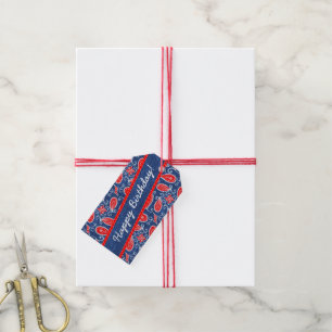 Denim Paisley Cute Blommigt Red White och Blue Jea Presentetikett