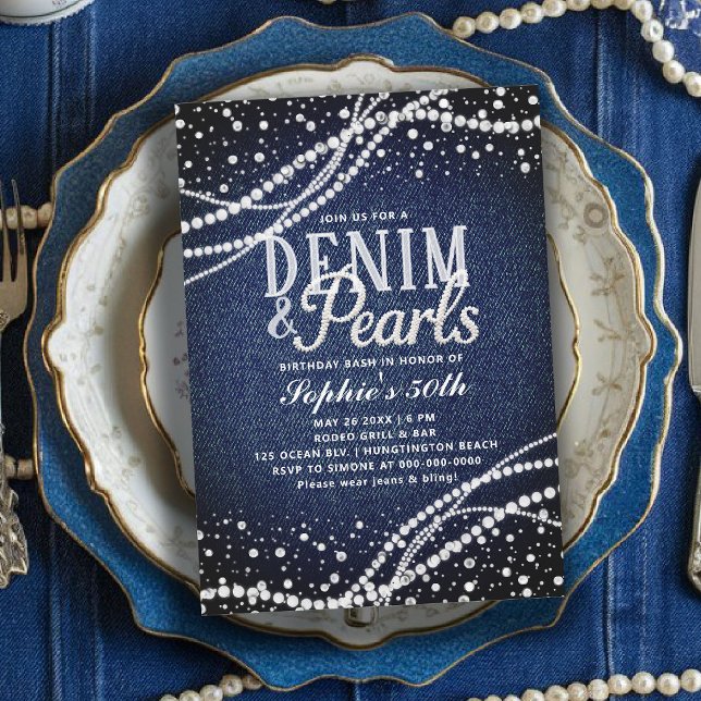 Denim Pärlor Blå Modern Elegant 50-årsdag Inbjudningar (denim and pearls birthday party theme 50th for women white and blue elegant modern classy)