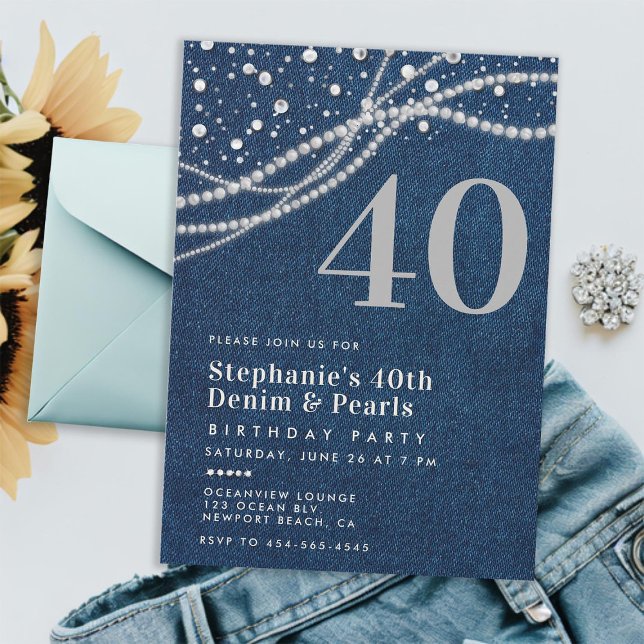 Denim Pärlor Elegant Modern 40-års Födelsedagsfest Inbjudningar (denim pearls 40th birthday invitation for women rustic classy elegant modern chic stylish blue white)