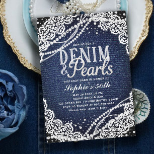 Denim Pärlor Spets Modern Elegant 50-årsdag Inbjudningar