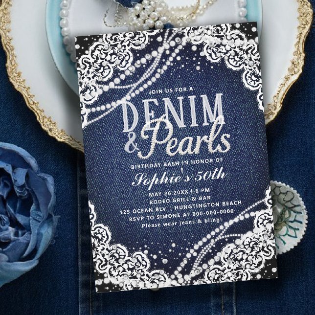 Denim Pärlor Spets Modern Elegant 50-årsdag Inbjudningar (denim and pearls birthday party theme 50th for women white lace elegant modern classy)