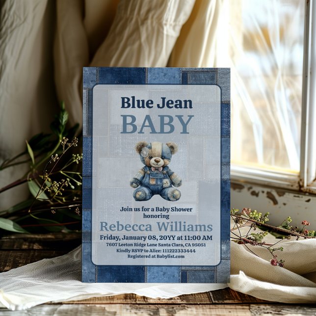 Denim Patchwork Bear Toy Blue Jean Baby Shower Inbjudningar (Skapare uppladdad)