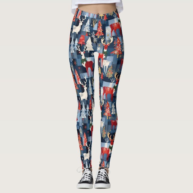 Denim Patchwork Play Julgranar & Reindeer Leggings (Framsida)