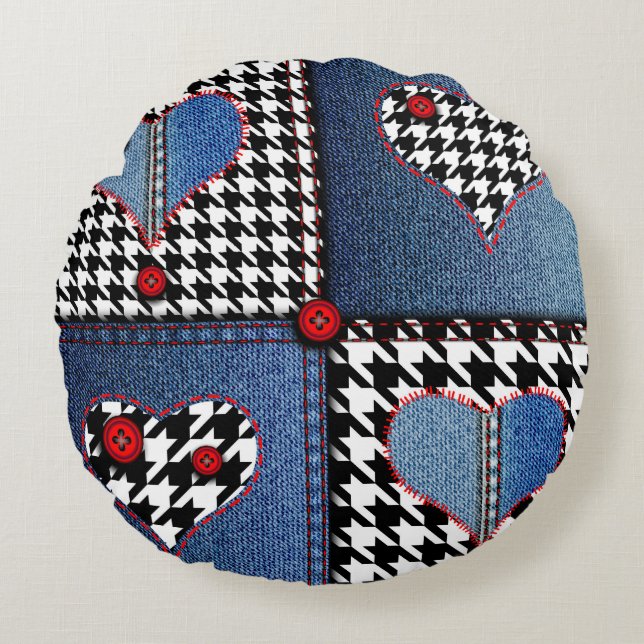 Denim Patchwork: Seamless Fabric Mönster Rund Kudde (Framsidan)