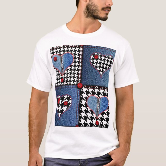 Denim Patchwork: Seamless Fabric Mönster T Shirt (Framsida)