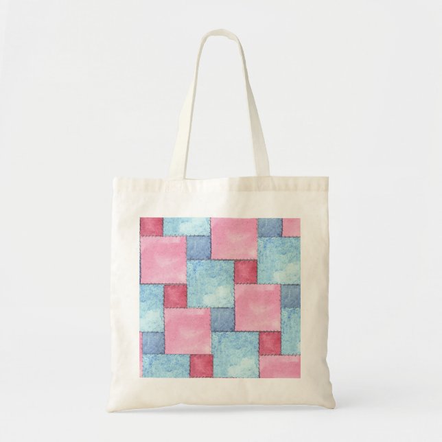 Denim Patchwork Tote Bag, Pinks, Blues Tygkasse (Framsidan)