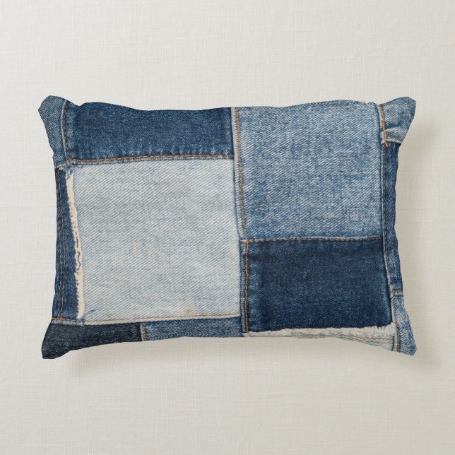 Denim Patchwork: Vintage Textile Mönster Prydnadskudde (Framsidan)