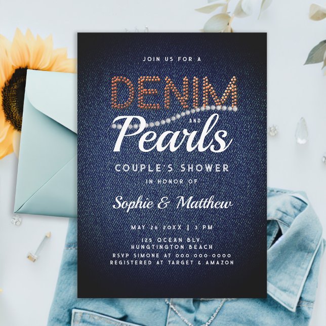 Denim Pearls Couple Möhippa Elegant Rustic Inbjudningar (denim and pearls couple wedding shower invitation elegant rustic chic blue brown jeans white classy)