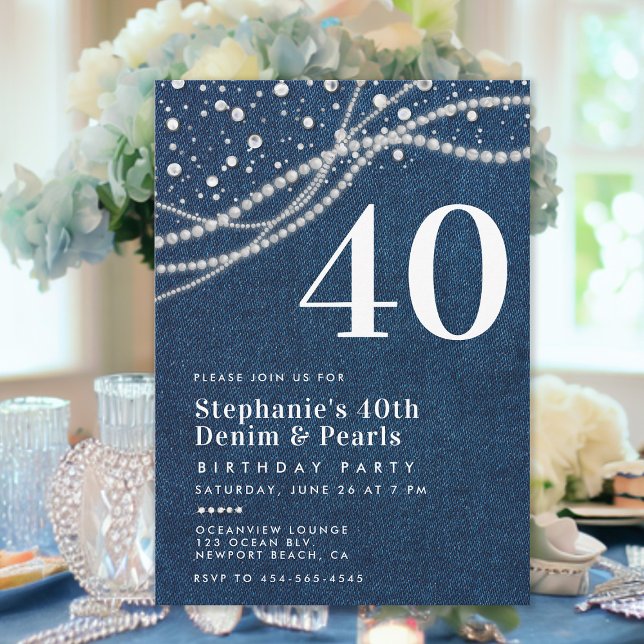 Denim Pearls Elegant Classy 40 Birthday Party Inbjudningar (denim pearls 40th birthday party invitation for women elegant classy modern chic rustic lights)